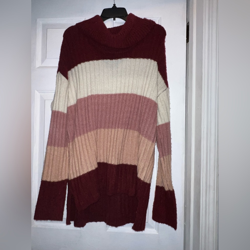 Size large pink red white multicolor cowl neck plush sweater chunky striped